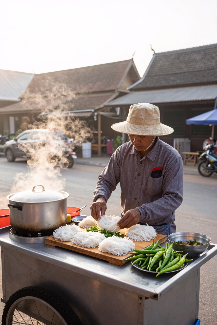 Early Morning Street Food Vendor Preparing Rice Noodles in Chiang Mai Thailand in in Chiang Mai, Thailand