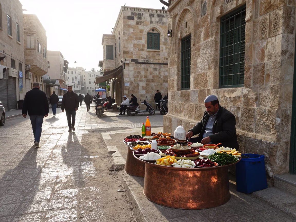 Early Morning Street Life in Amman Jordan with Mezze Spread on Copper Tray in in Amman, Jordan