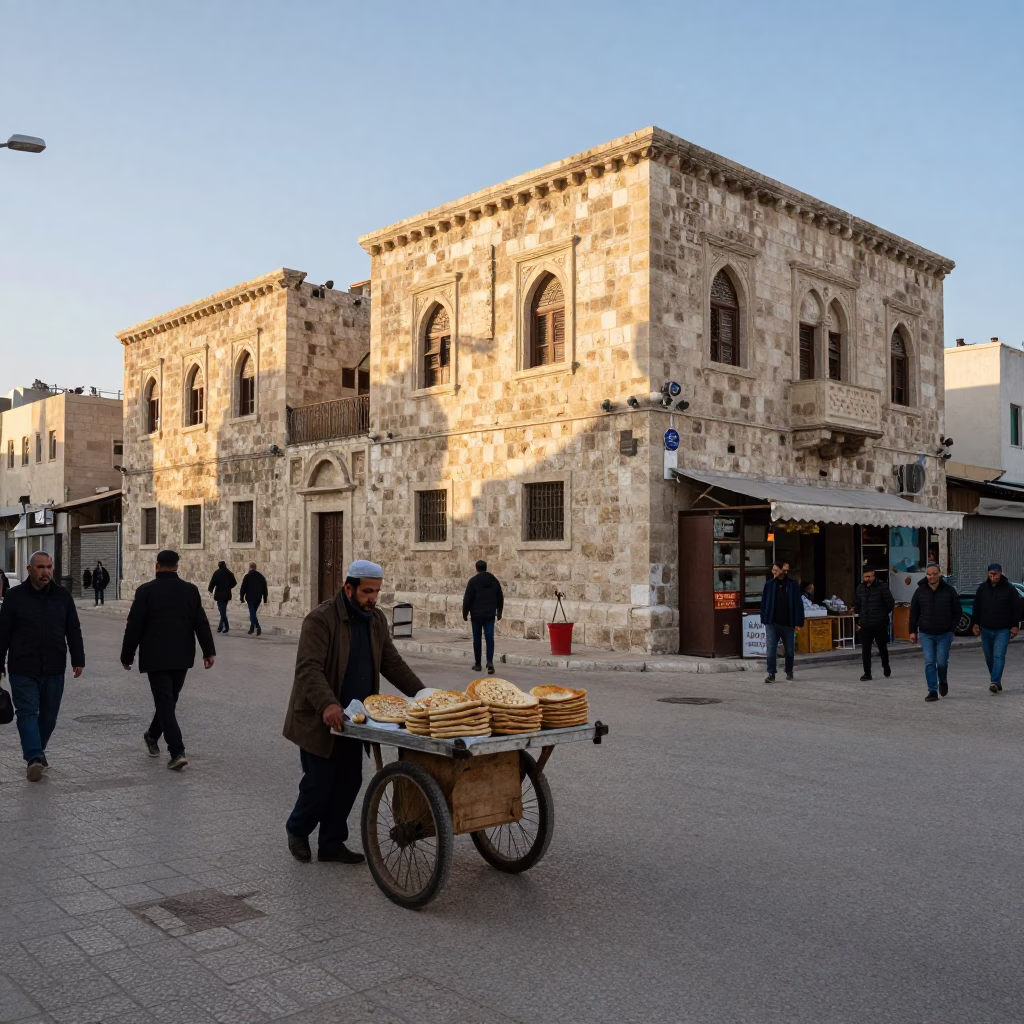 Early Morning Street Life in Amman Jordan with Stone Architecture and Local Vendors in in Amman, Jordan