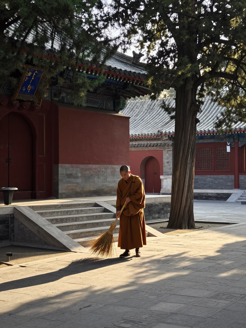 Early Morning Street Life in Beijing China with Monk Sweeping Temple Steps in in Beijing, China