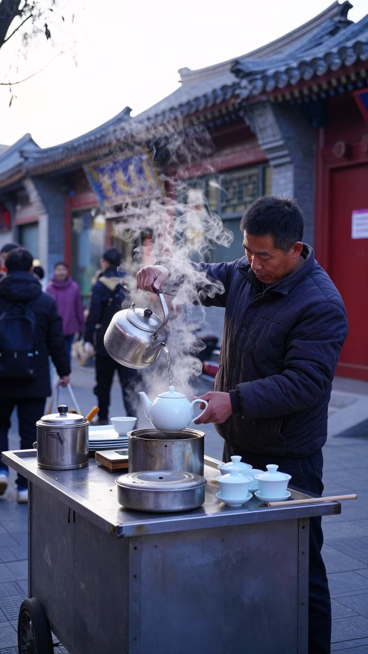 Early Morning Street Life in Beijing China with Traditional Tea Service in in Beijing, China