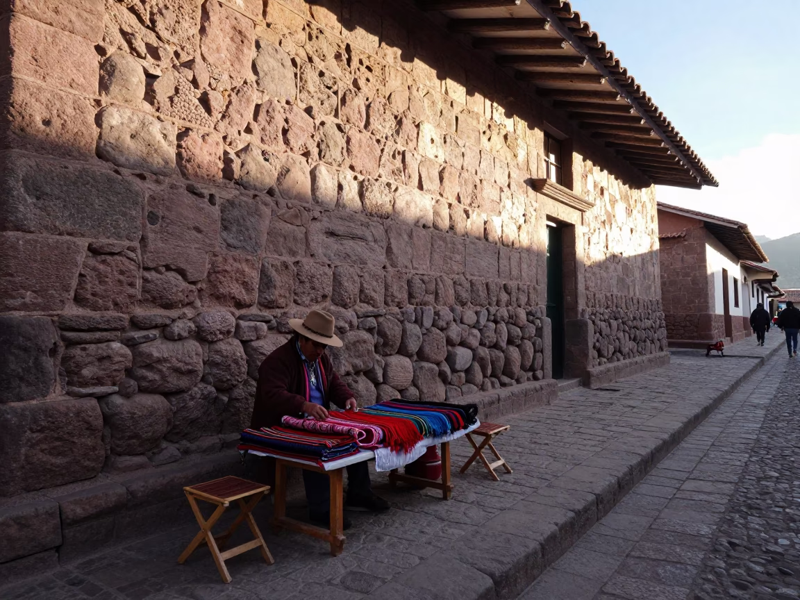 Early Morning Street Life in Cusco Peru with Folding Stools and Local Market Activity in in Cusco, Peru