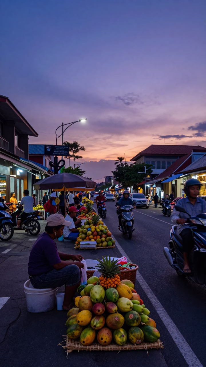 Early Morning Street Life in Denpasar Indonesia at Nautical Dawn with Local Market Activity in in Denpasar, Indonesia
