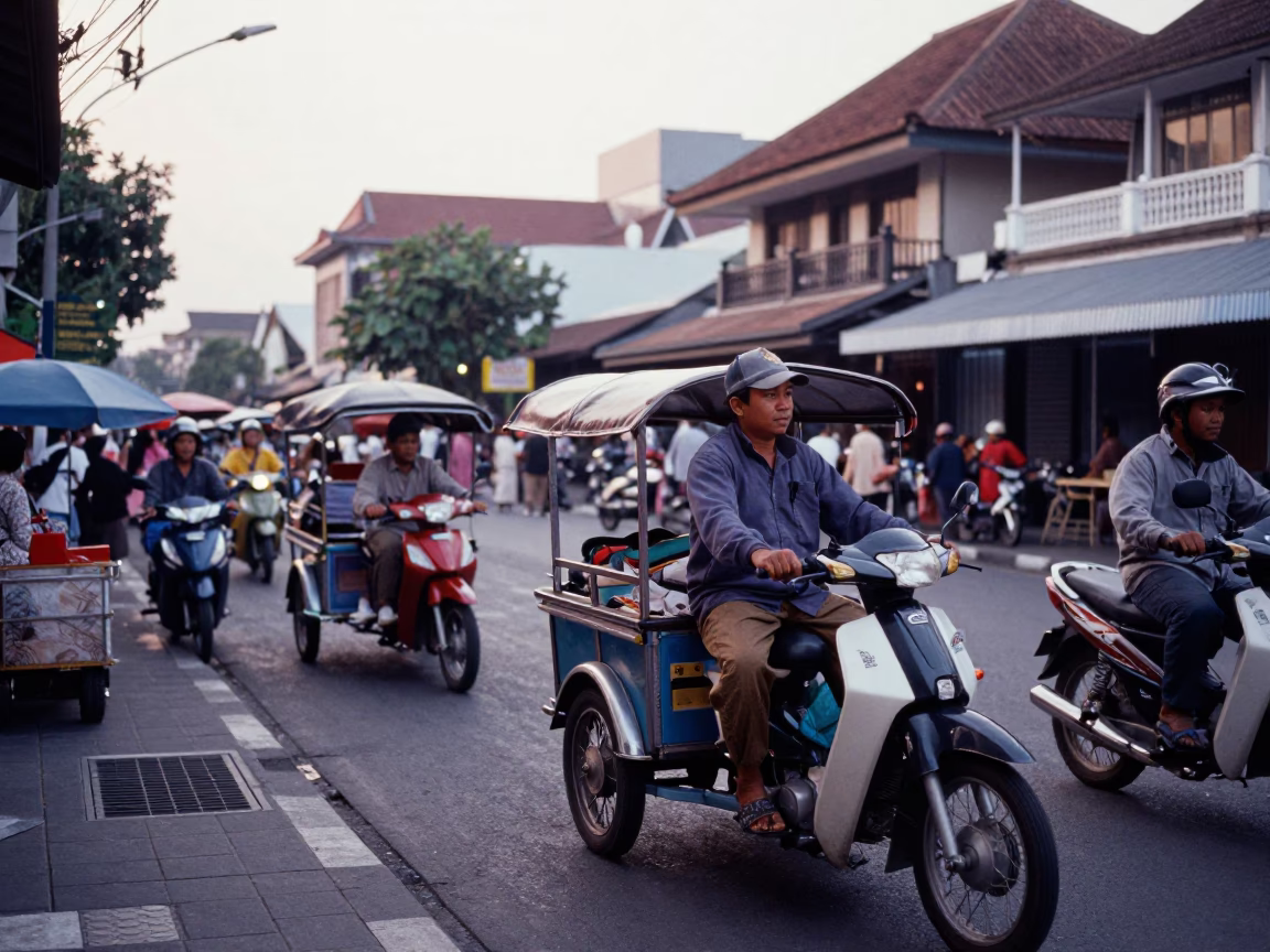 Early Morning Street Life in Denpasar Indonesia with Local Vendors and Traffic in in Denpasar, Indonesia