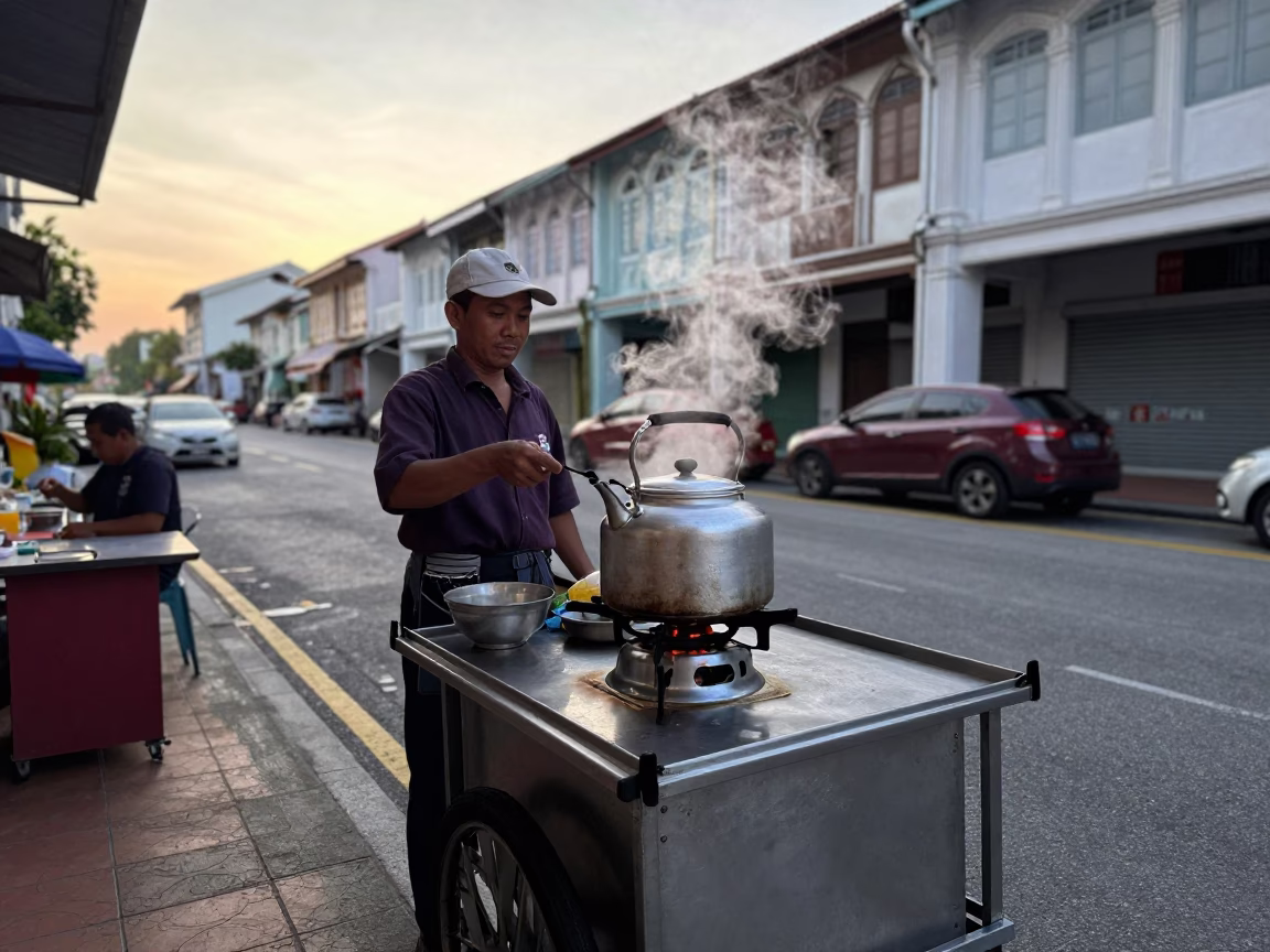 Early Morning Street Life in George Town Malaysia with Kettle and Condensation in in George Town, Malaysia