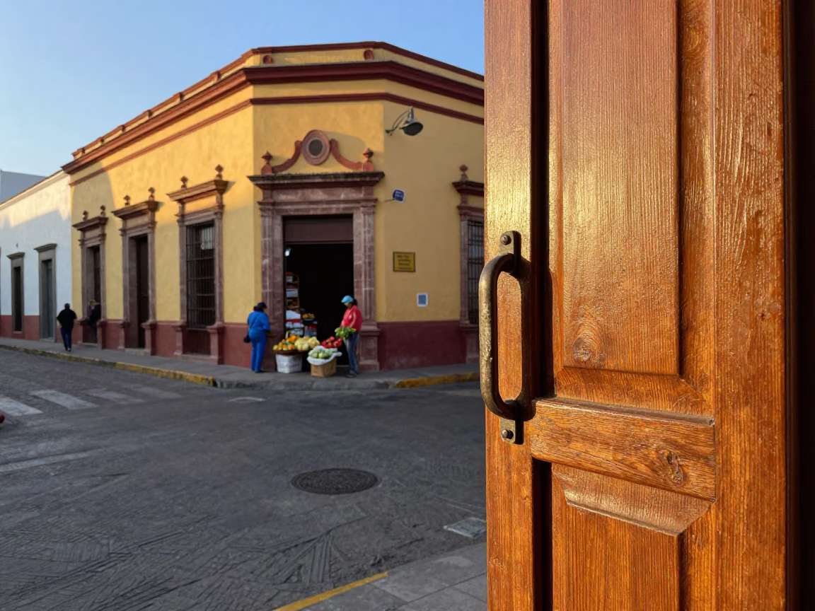 Early Morning Street Life in Guadalajara Mexico with Door Handle and Leaf Shadows in in Guadalajara, Mexico
