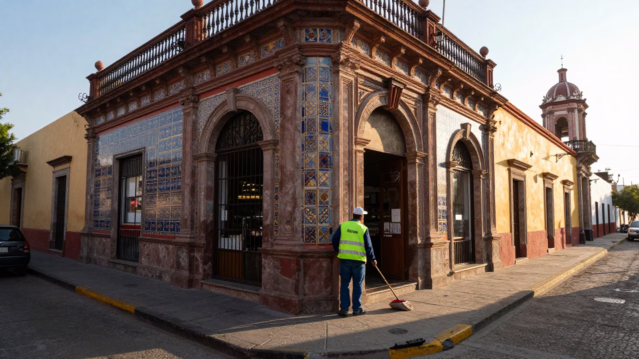 Early Morning Street Life in Guadalajara Mexico with Dust Mop and Local Commerce in in Guadalajara, Mexico