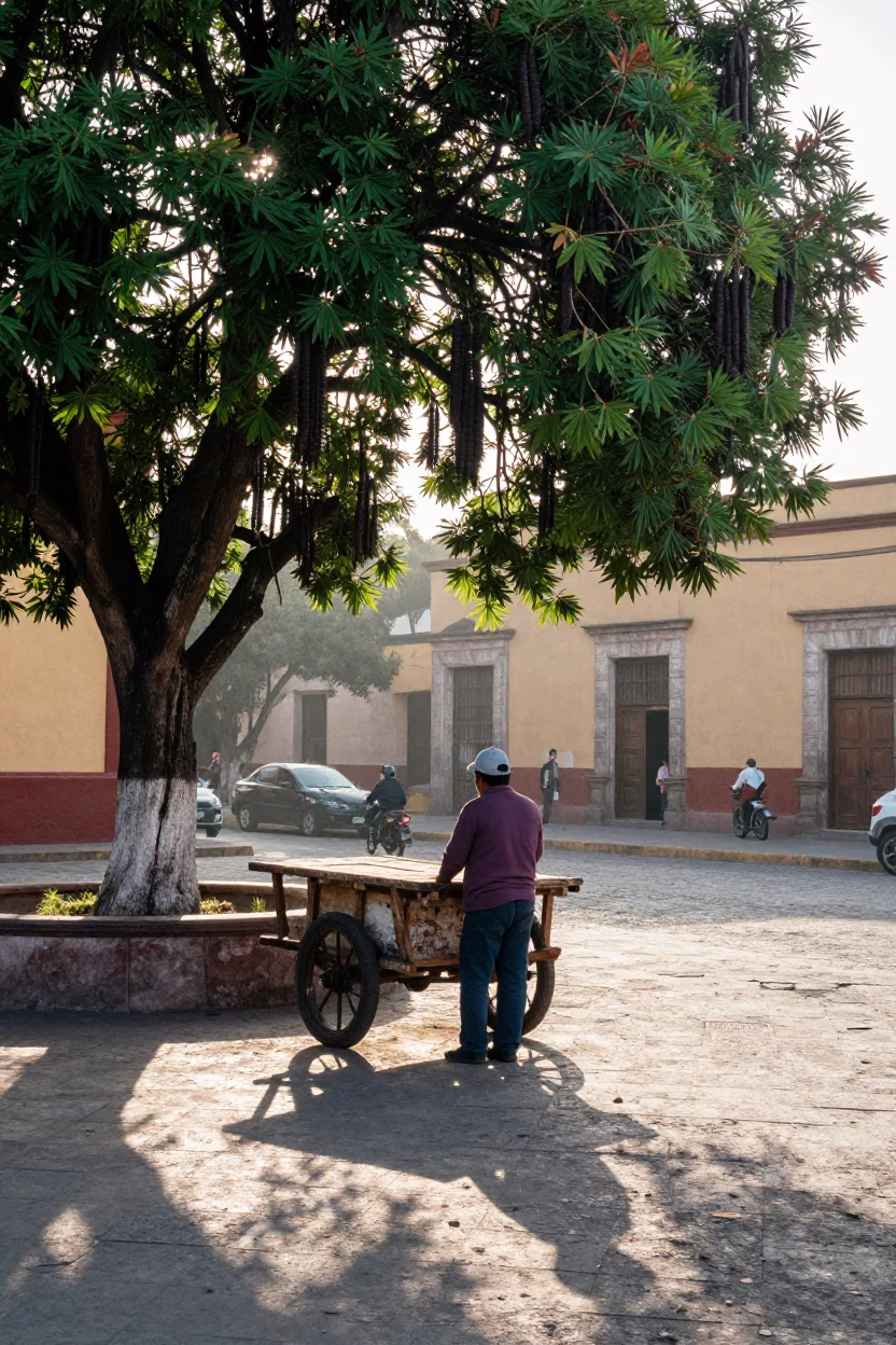 Early Morning Street Life in Guadalajara Mexico with Tamarind Tree and Hydrangeas in in Guadalajara, Mexico
