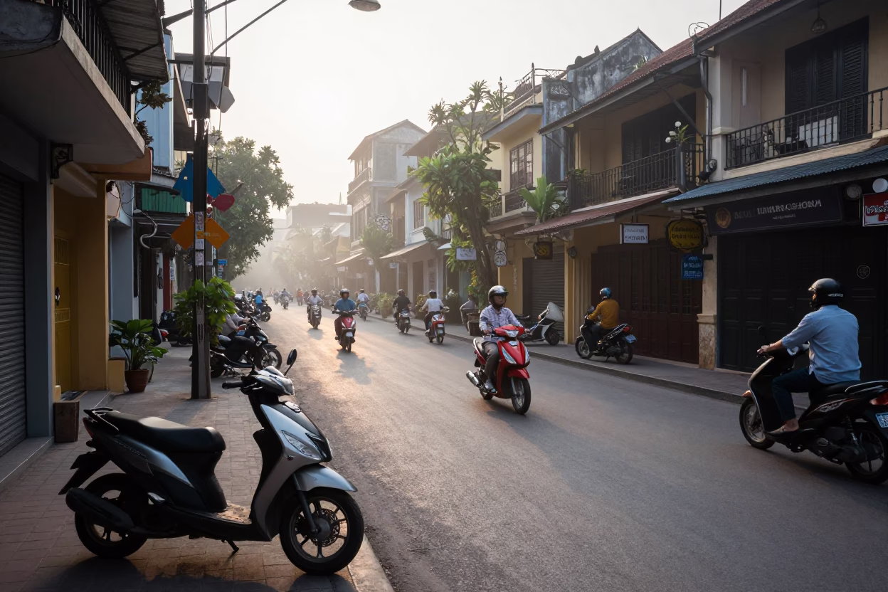 Early Morning Street Life in Hanoi Vietnam with Scooters and Traditional Architecture in in Hanoi, Vietnam
