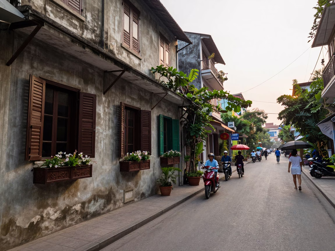 Early Morning Street Life in Hanoi Vietnam with Traditional Window Boxes and Plant Pots in in Hanoi, Vietnam