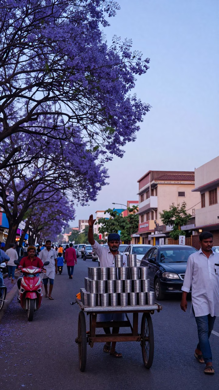 Early Morning Street Life in Hyderabad India with Purple Jacaranda Trees in in Hyderabad, India