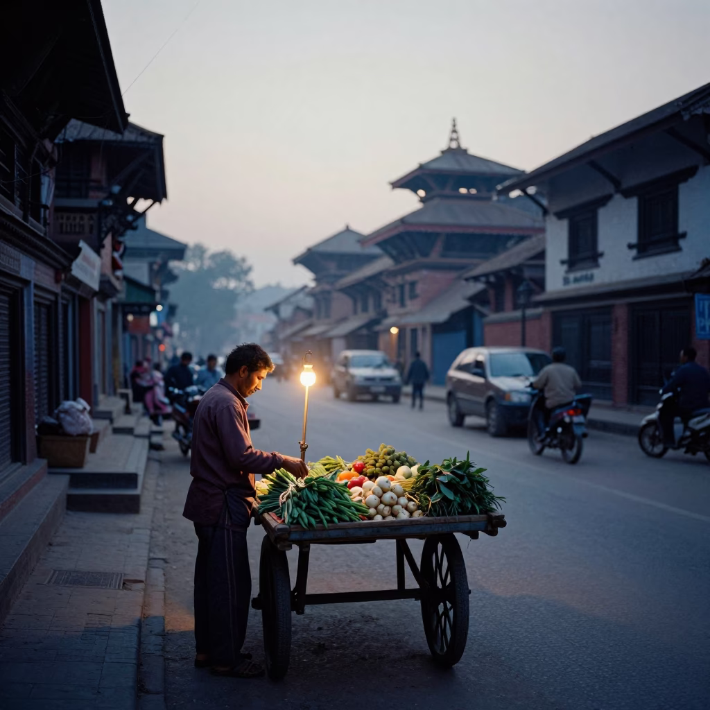 Early Morning Street Life in Kathmandu Nepal Before Sunrise with Local Market Activity in in Kathmandu, Nepal