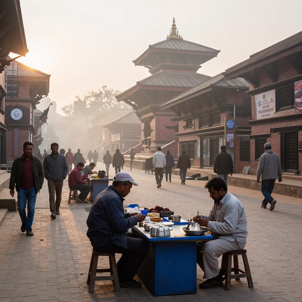 Early Morning Street Life in Kathmandu Nepal with Blue and White Porcelain Bowl in in Kathmandu, Nepal