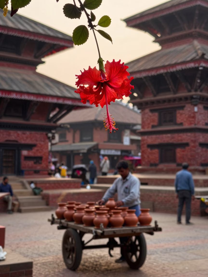 Early Morning Street Life in Kathmandu Nepal with Hanging Hibiscus Flower Detail in in Kathmandu, Nepal