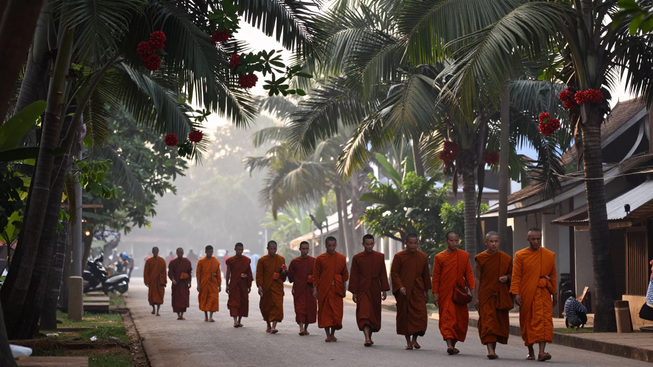 Early Morning Street Life in Luang Prabang Laos with Monks and Local Market Activity in in Luang Prabang, Laos