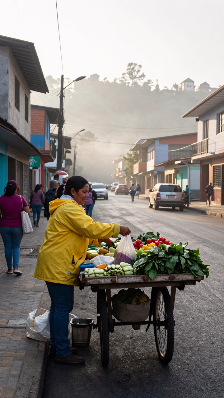 Early Morning Street Life in Medellin Colombia with Bicycle Basket and Condensation in in Medellin, Colombia