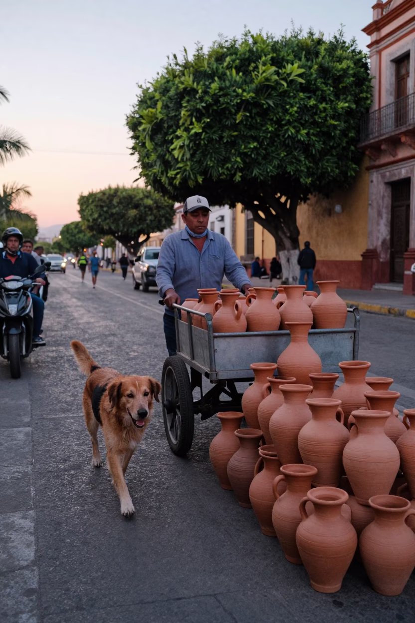 Early Morning Street Life in Merida Mexico with Flat-Coated Retriever and Local Vendor in in Merida, Mexico