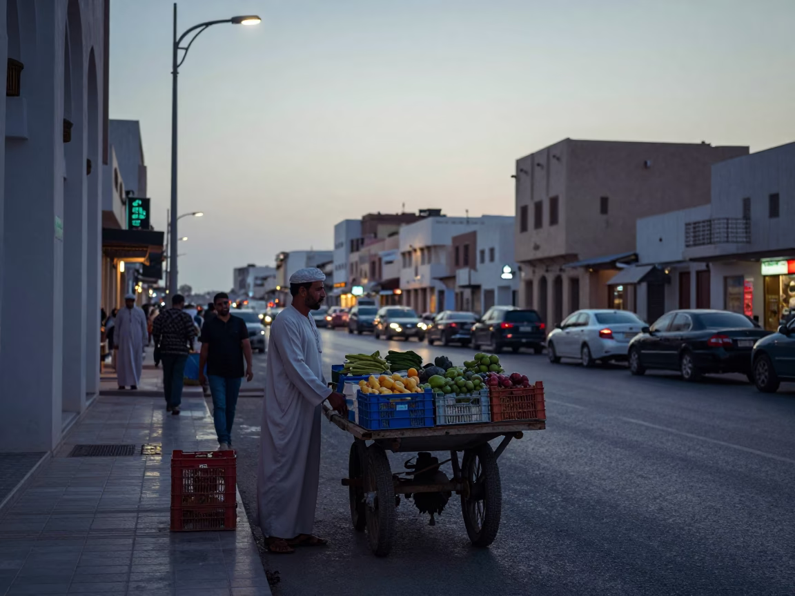Early Morning Street Life in Muscat Oman Before Sunrise with Local Market Activity in in Muscat, Oman