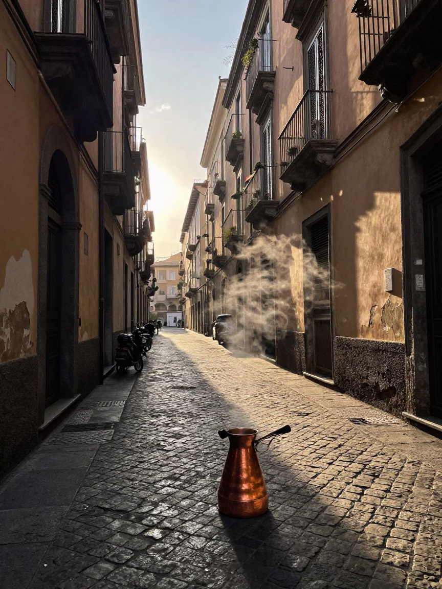 Early Morning Street Life in Naples Italy with Copper Coffee Pot and Glass Jar in in Naples, Italy