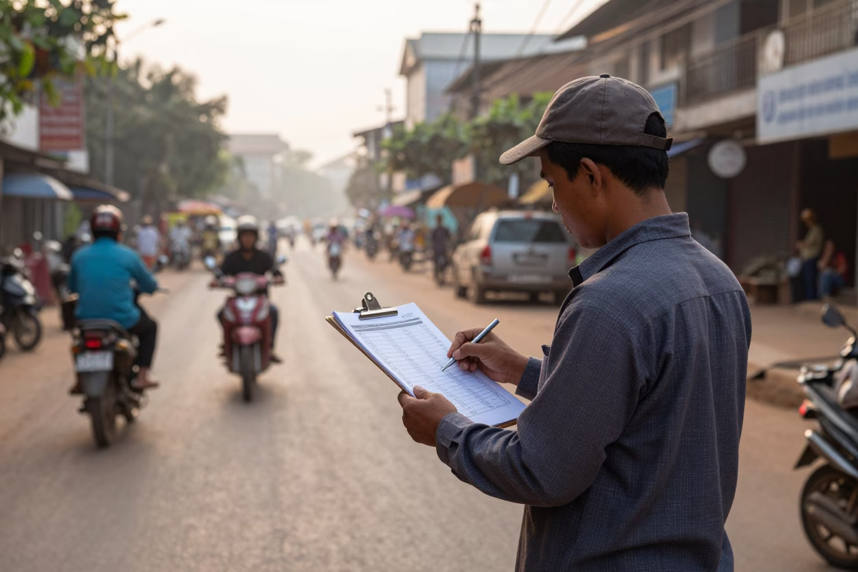 Early Morning Street Life in Phnom Penh Cambodia with Clipboard and Local Commerce in in Phnom Penh, Cambodia