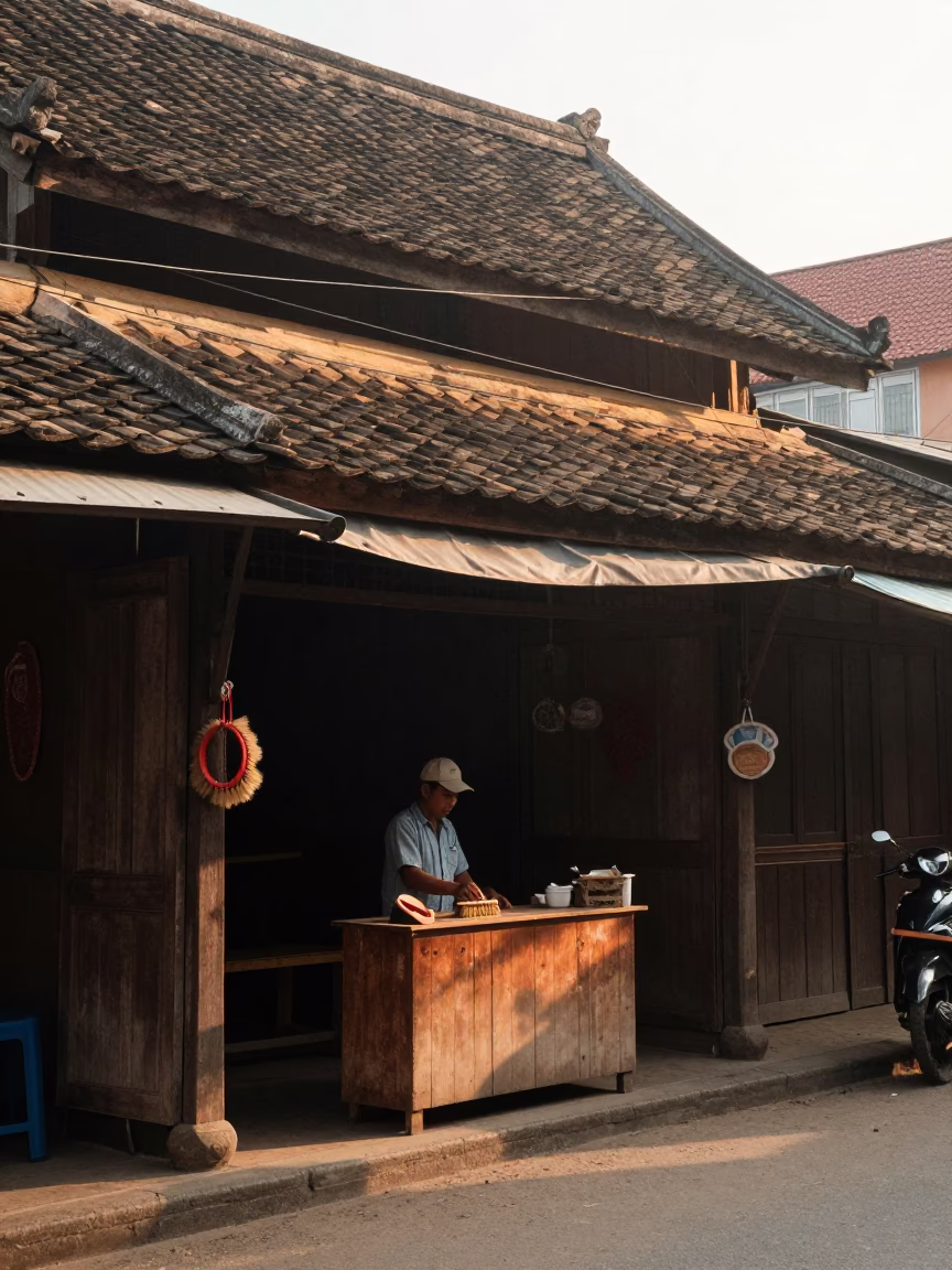 Early Morning Street Life in Phnom Penh Cambodia with Shoe Brush and Local Commerce in in Phnom Penh, Cambodia
