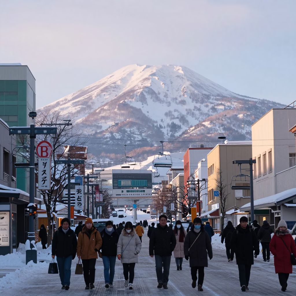Early Morning Street Life in Sapporo Japan with Snowy Mountain Backdrop and Ski Lift in in Sapporo, Japan