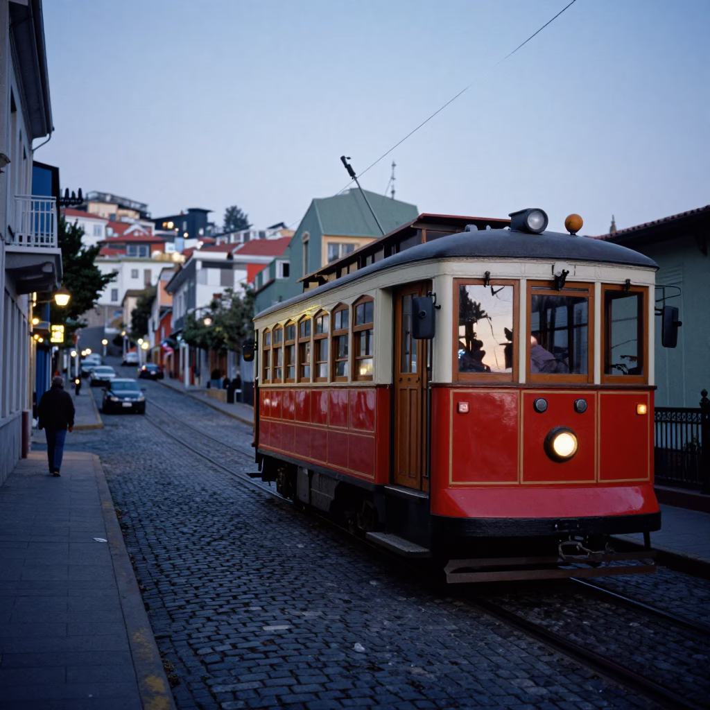 Early Morning Street Life in Valparaiso Chile with Heritage Tram and Metal Stools in in Valparaiso, Chile