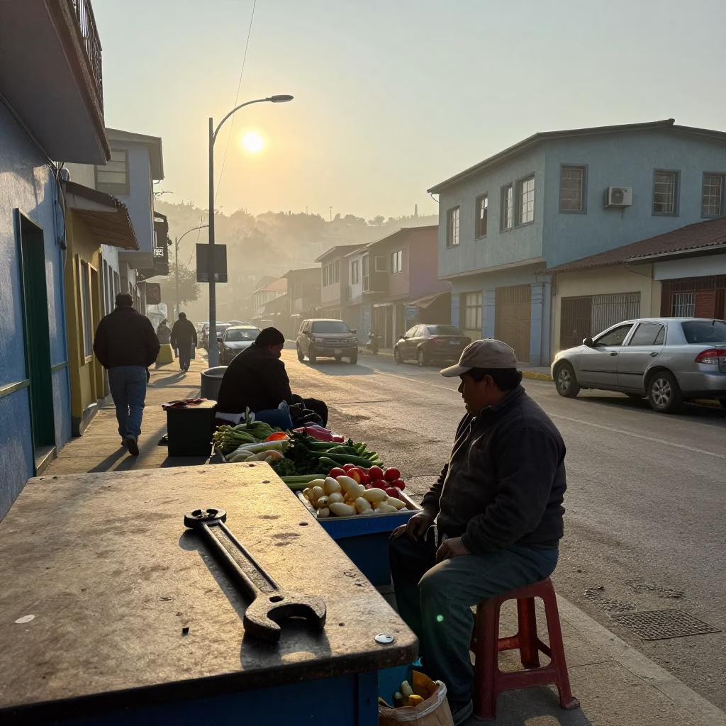 Early Morning Street Life in Valparaiso Chile with Local Vendor and Vintage Wrench in in Valparaiso, Chile