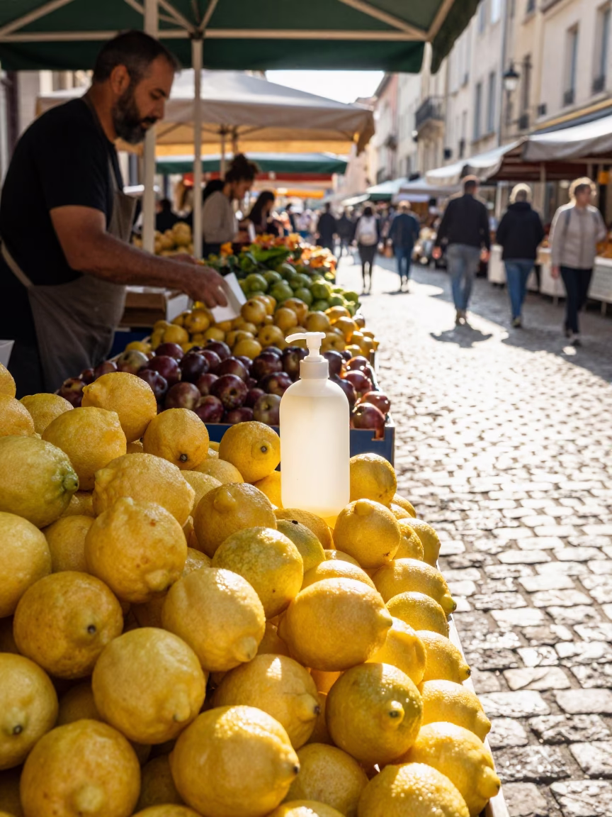 Early Morning Street Market in Lyon France with Fresh Lemons and Soap Bottles in in Lyon, France