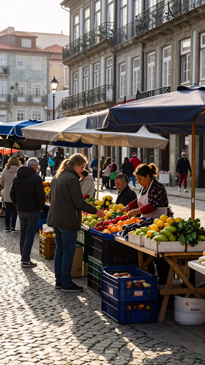 Early Morning Street Market Scene in Porto Portugal with Fruit Stalls in in Porto, Portugal