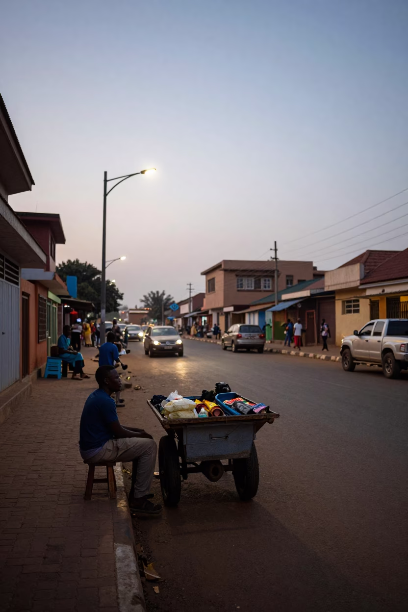 Early Morning Street Scene in Accra Ghana Before Dawn Light in in Accra, Ghana