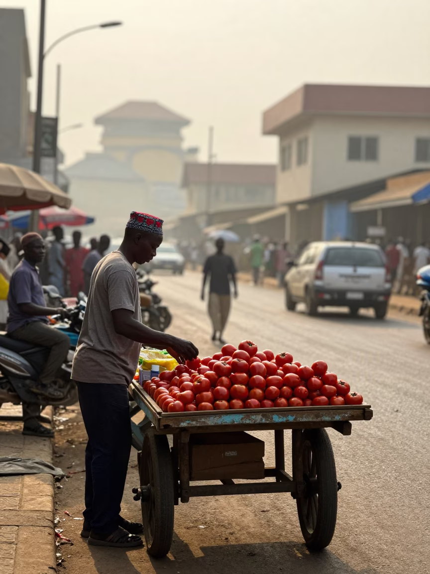 Early Morning Street Scene in Accra Ghana with Traditional Market Vendor and Local Transport in in Accra, Ghana