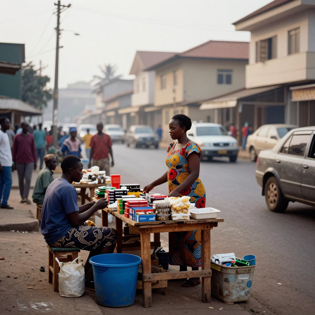 Early Morning Street Scene in Accra Ghana with Vendors and Daily Life in in Accra, Ghana