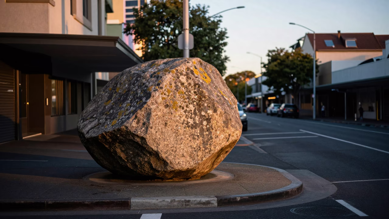 Early Morning Street Scene in Adelaide South Australia with Lichen Covered Boulder in in Adelaide, South Australia, Australia