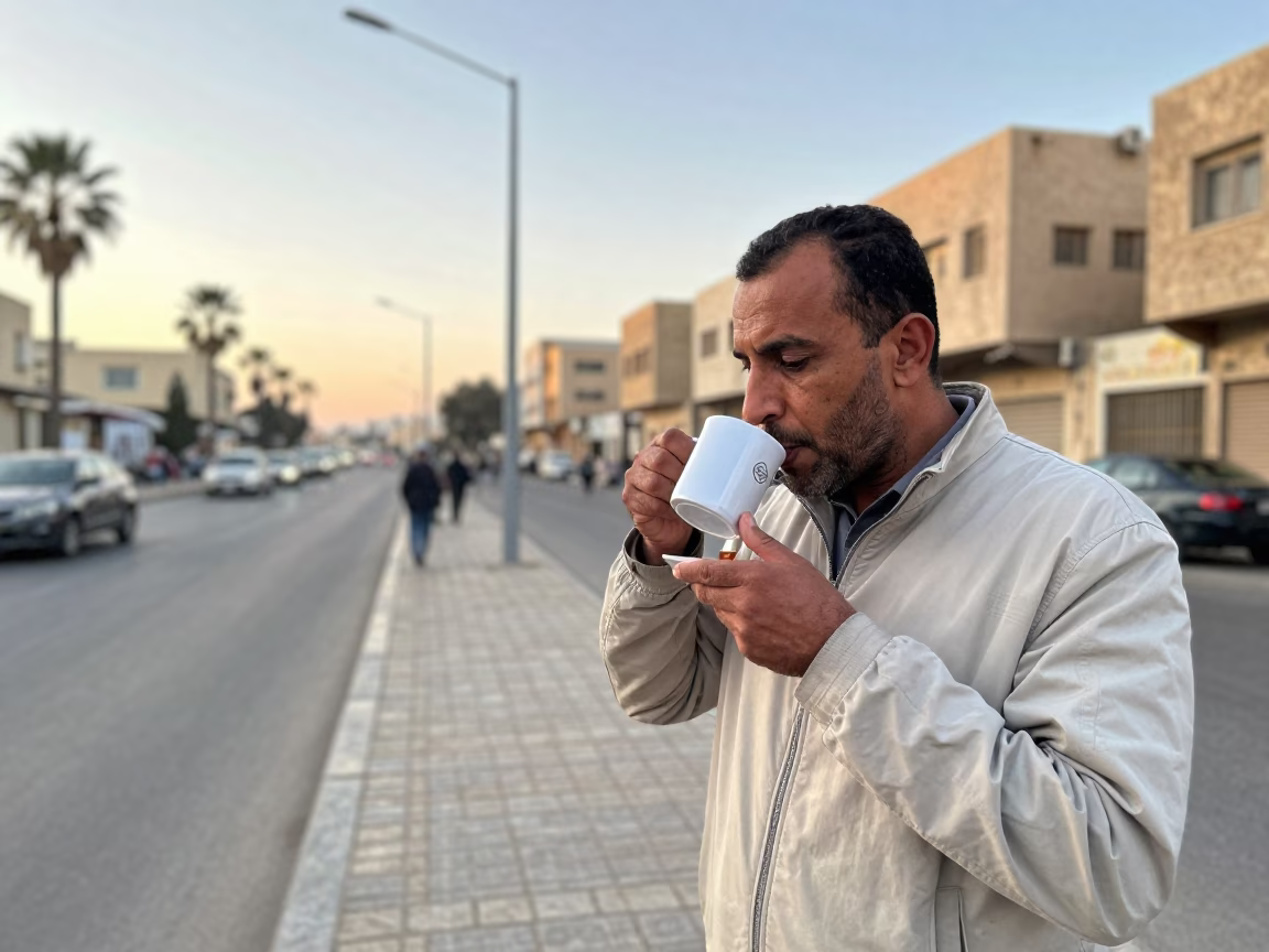 Early Morning Street Scene in Alexandria Egypt with Ceramic Mug and Bridge Pier Reflections in in Alexandria, Egypt
