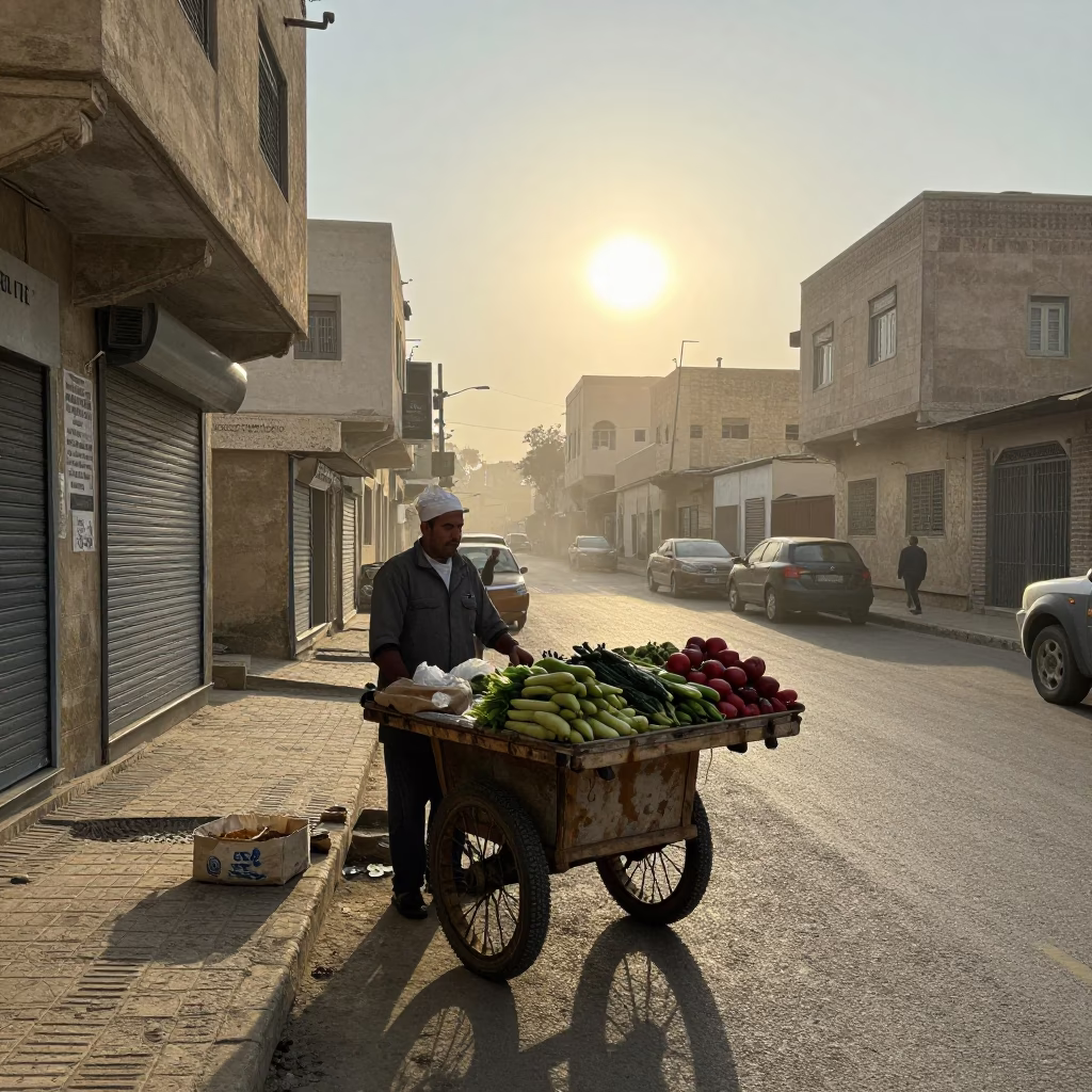 Early Morning Street Scene in Alexandria Egypt with Local Vendor and Dried Enamel Drips in in Alexandria, Egypt