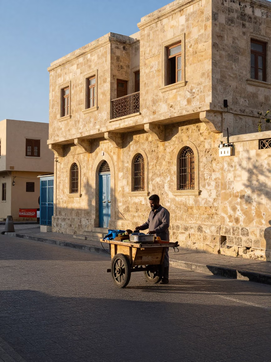 Early Morning Street Scene in Alexandria Egypt with Local Vendor and Hanging Flowers in in Alexandria, Egypt