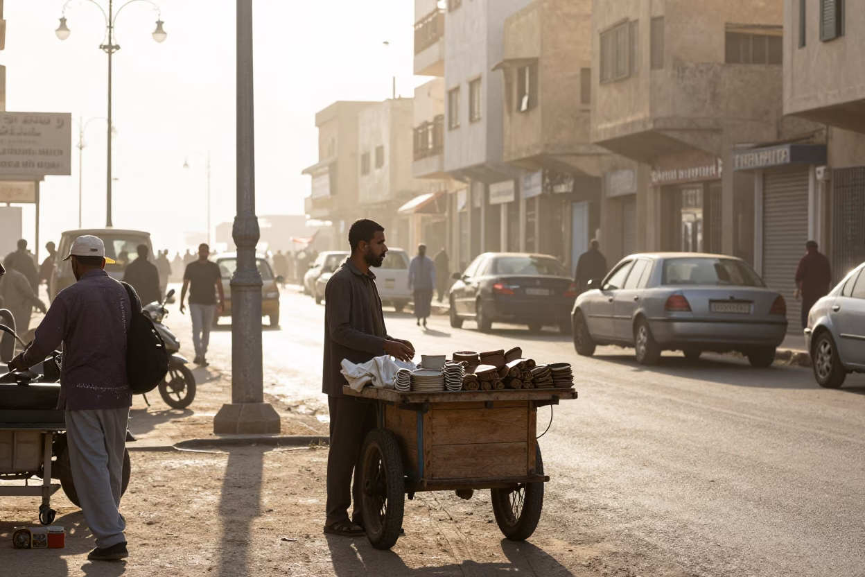 Early Morning Street Scene in Alexandria Egypt with Local Vendor and Pedestrians in in Alexandria, Egypt