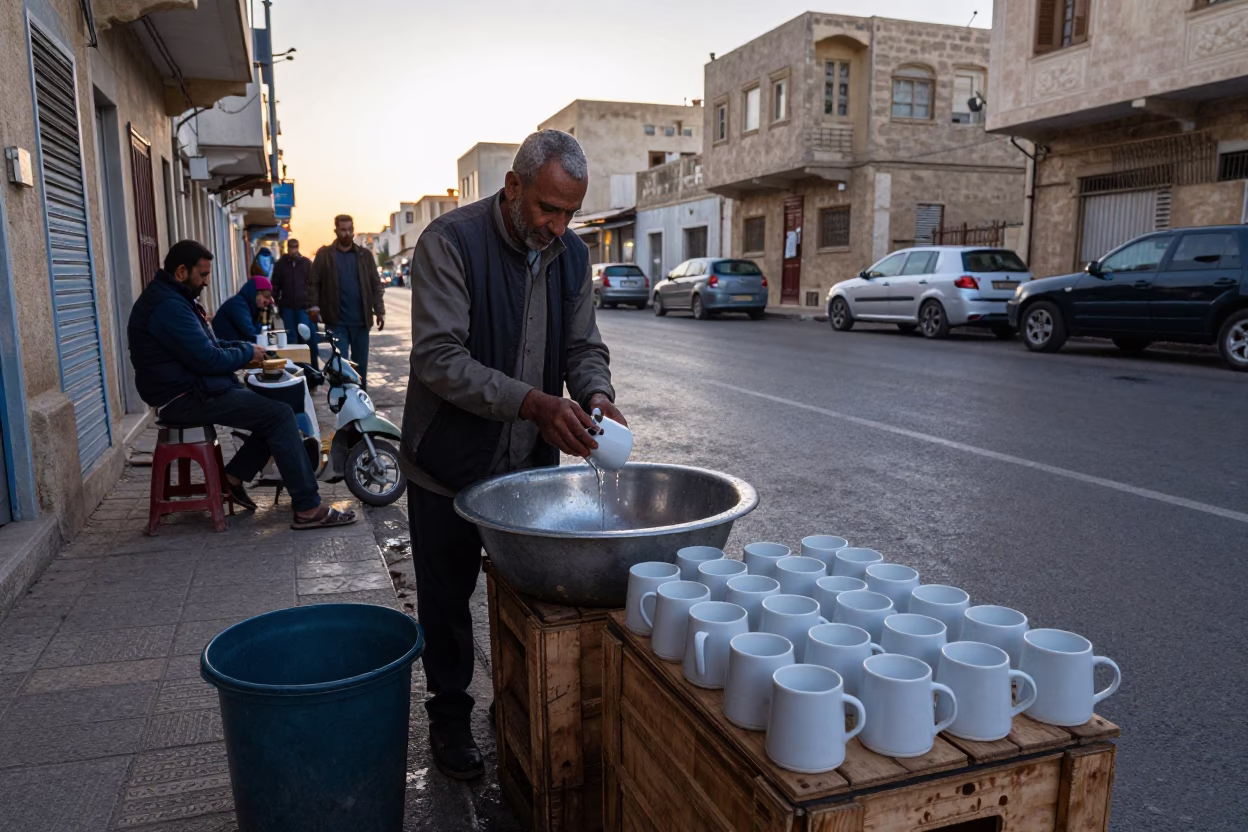 Early Morning Street Scene in Alexandria Egypt with Local Vendor and Traditional Elements in in Alexandria, Egypt