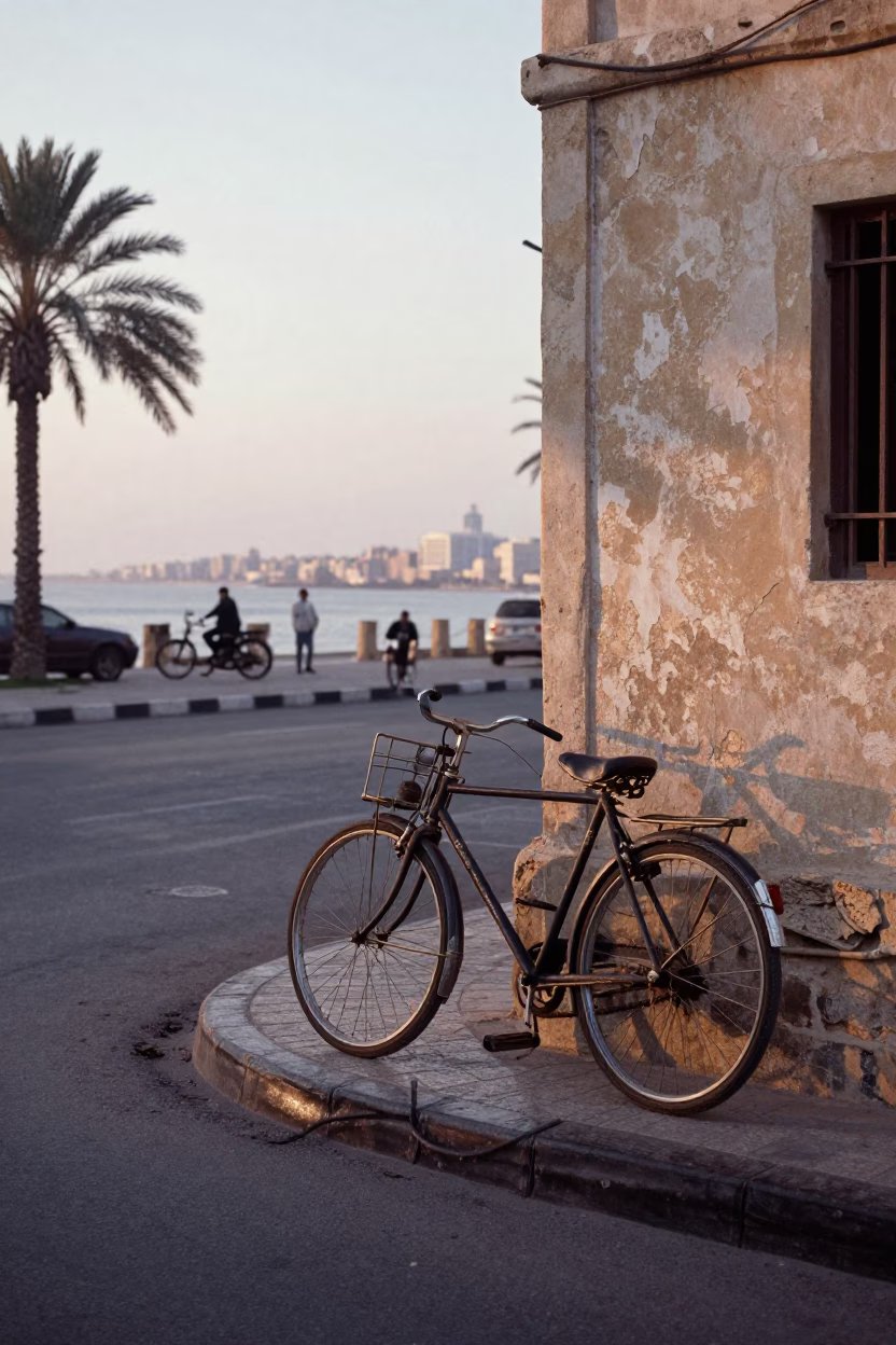 Early Morning Street Scene in Alexandria Egypt with Vintage Bicycle and Local Market Activity in in Alexandria, Egypt