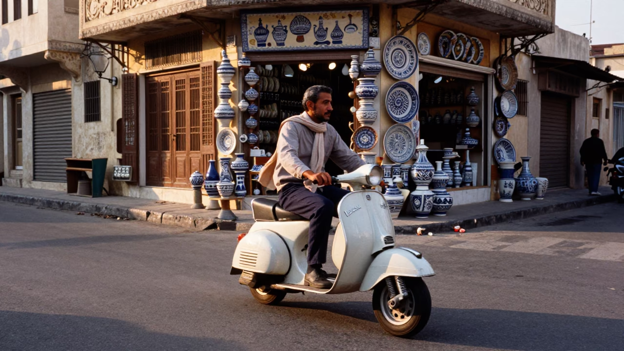 Early Morning Street Scene in Alexandria Egypt with Vintage Scooter and Local Market Activity in in Alexandria, Egypt