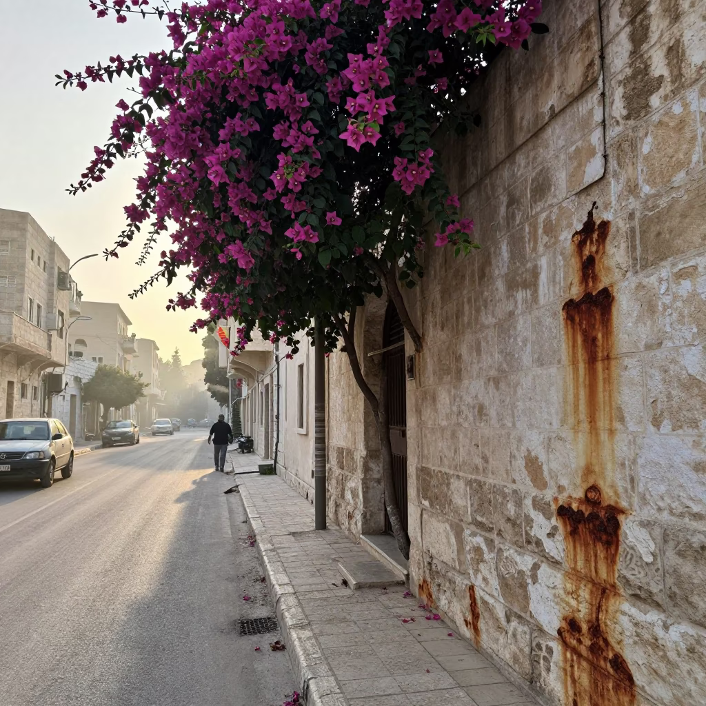 Early Morning Street Scene in Amman Jordan with Bougainvillea and Urban Decay in in Amman, Jordan