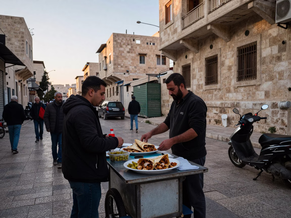 Early Morning Street Scene in Amman Jordan with Chicken Shawarma and Local Activity in in Amman, Jordan