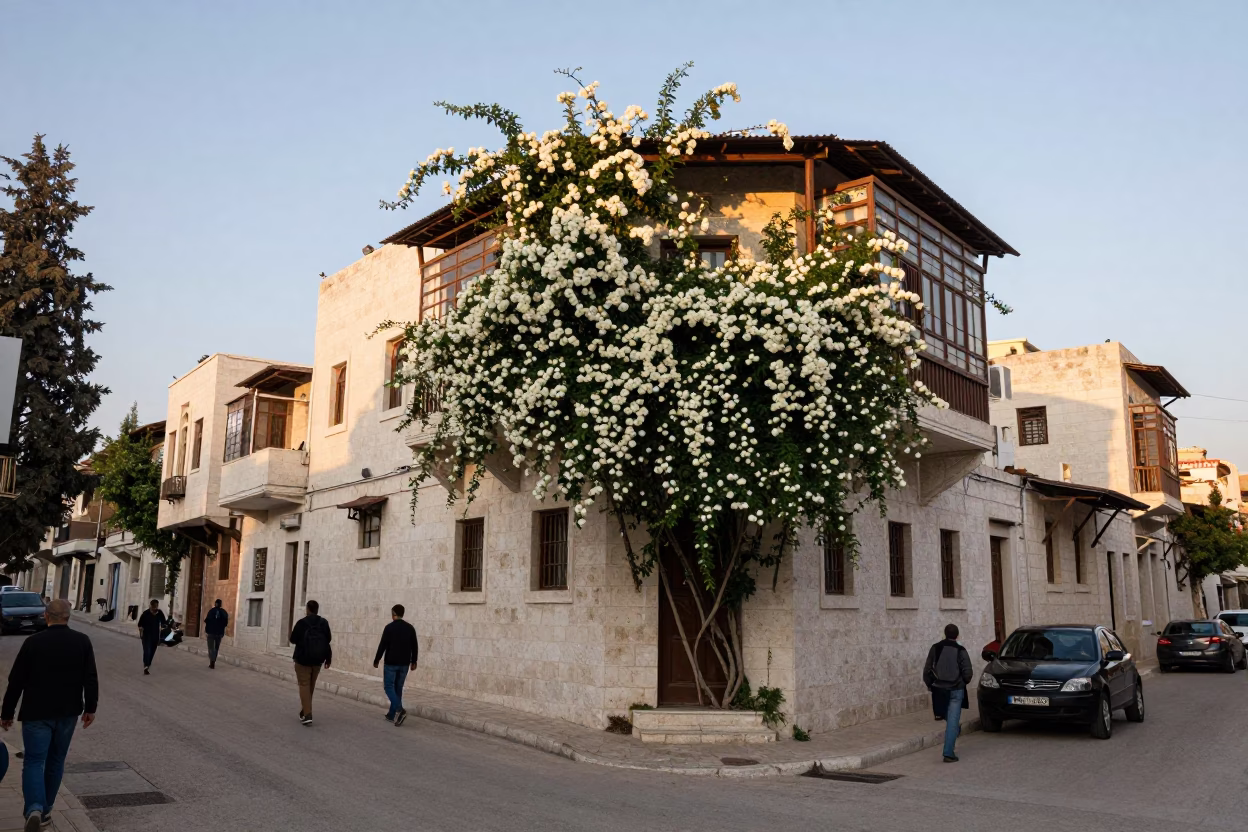 Early Morning Street Scene in Amman Jordan with Climbing Jasmine and Local Life in in Amman, Jordan