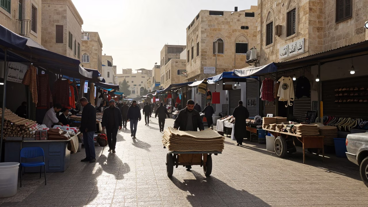Early Morning Street Scene in Amman Jordan with Local Market Activity and Traditional Architecture in in Amman, Jordan