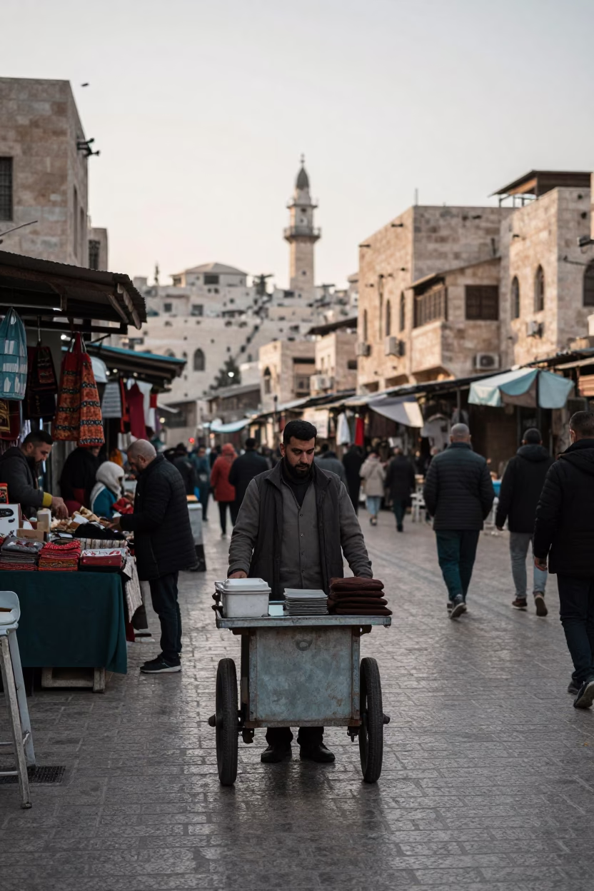 Early Morning Street Scene in Amman Jordan with Local Market Vendor and Coffee Carafe in in Amman, Jordan