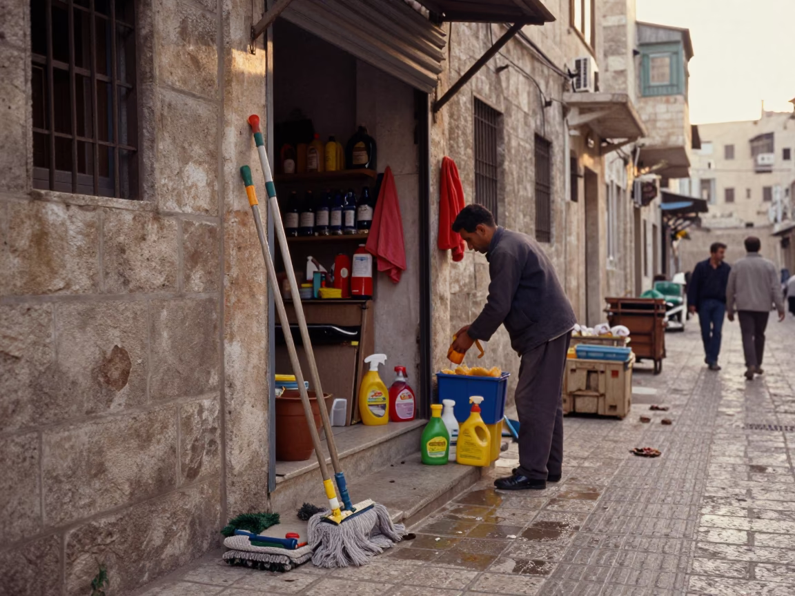 Early Morning Street Scene in Amman Jordan with Mops and Towel Hooks in in Amman, Jordan