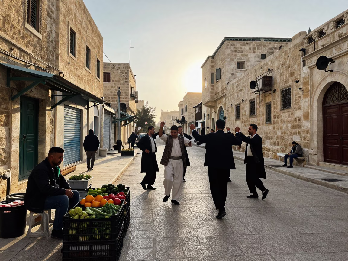 Early Morning Street Scene in Amman Jordan with Traditional Folk Dance Costume Detail in in Amman, Jordan