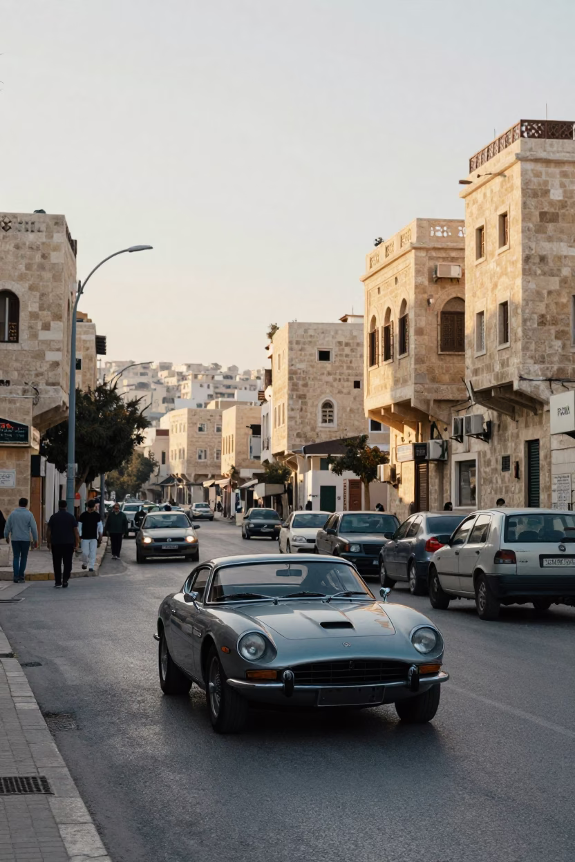 Early Morning Street Scene in Amman Jordan with Vintage Sports Car and Diamond Ring in in Amman, Jordan