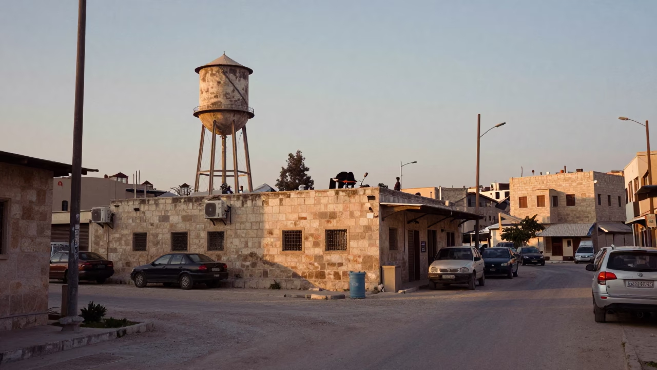 Early Morning Street Scene in Amman Jordan with Water Tower and Local Daily Life in in Amman, Jordan
